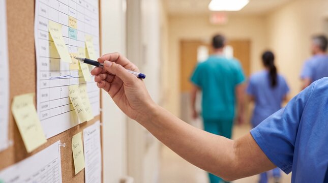 Healthcare professional organizing daily tasks on a bulletin board in a hospital.
