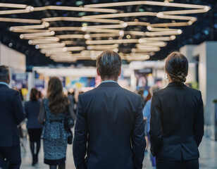 Fototapeta premium People at professional exhibition with blurred background. Business networking and industry event concept ideal for trade shows and corporate communication themes.