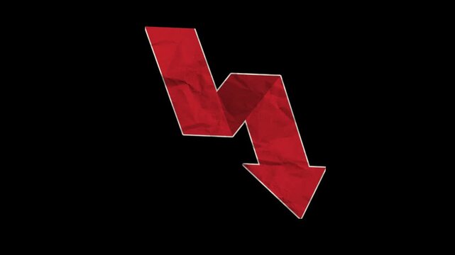 Alpha Channel Crumpled Paper Red Arrow Down Animation - Financial Downtrend and Bearish Stock Market Concept
