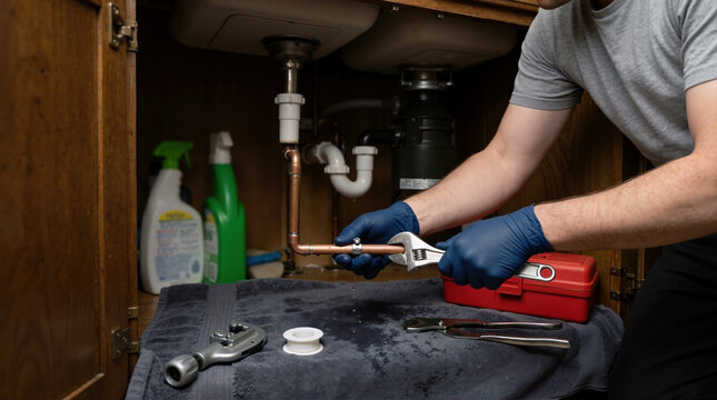 Plumber wearing blue gloves repairing a leaky copper pipe under a kitchen sink with an adjustable wrench. Handyman fixing a plumbing emergency. Home maintenance and water leak repair concept