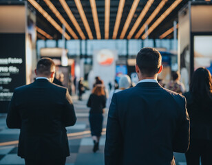 Fototapeta premium People at professional exhibition with blurred background. Business networking and industry event concept ideal for trade shows and corporate communication themes.