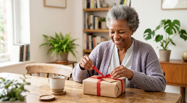 Senior woman opening a gift box at home. Elderly lady smiling while unwrapping a present. Celebration and joy concept