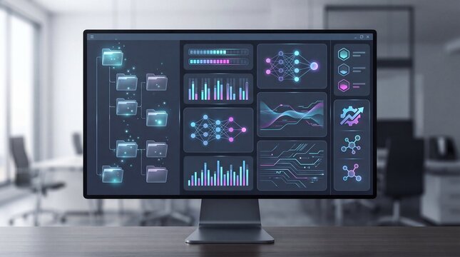 Digital folders from laptop screen data organization concept. Modern computer screen displaying advanced data visualizations and analytics.