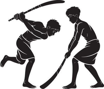 Silhouettes of two men practicing pencak silat martial arts with weapons