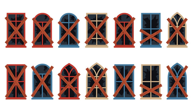 Broken Haunted Window Collection with Cracked Glass and Wooden Boards for Horror Halloween House Vector Illustration Set.