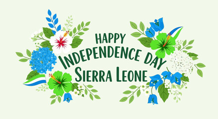 Happy Sierra Leone Independence Day greeting card with tropical floral design © Konco