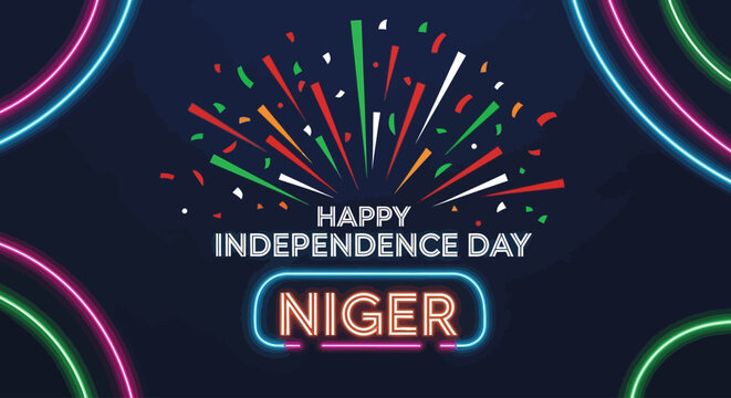 Happy Independence Day Niger with colorful confetti and neon lights