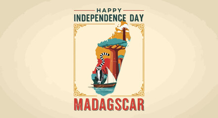 Happy Independence Day Madagascar illustration with lemur and baobab trees. © Konco