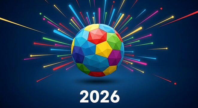 Vibrant soccer ball with colorful explosion on dark blue background for 2026