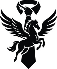 Fototapeta premium Winged Horse and Tie Emblem Silhouette, Black silhouette logo featuring a winged rearing horse beneath a necktie, symbolizing business success, ambition, leadership, and achievement.