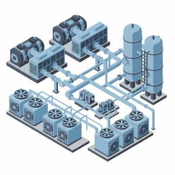 Industrial refrigeration system with compressors and cooling towers.