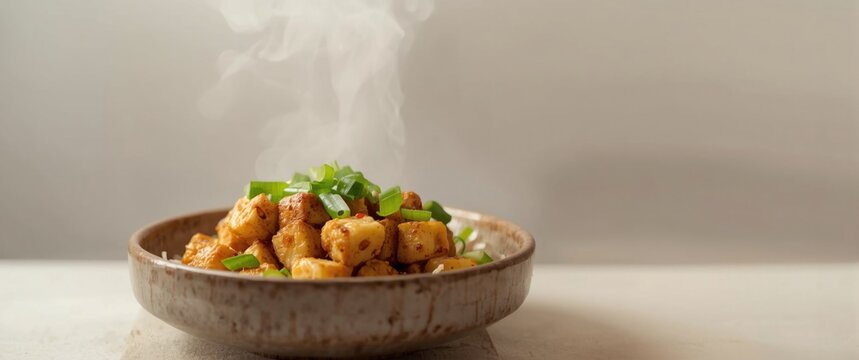 Asian cuisine tofu bowl loaded with calcium and protein from teriyaki fried tofu and green scallions plus copy space