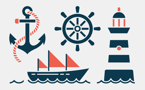 Essential nautical symbols vector illustration featuring anchor with rope ship wheel lighthouse with waves flat design