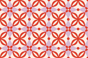 Fototapeta premium Seamless Geometric Pattern with Red Flowers and Purple Dots on Cream Background