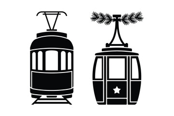 Vintage tram and cable car gondola with festive spruce accents, streetcar © Laboni