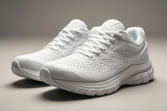 White running shoes on neutral background with soft studio lighting and copyspace