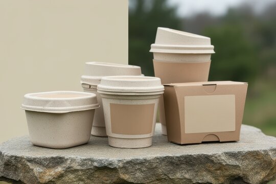 Eco food containers mockup with neutral labels and compostable lids for takeaway use