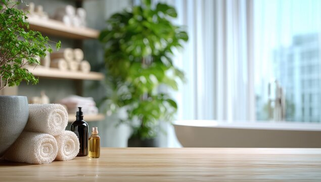 Relaxing spa scene with towels, bottles, plants, and bathtub