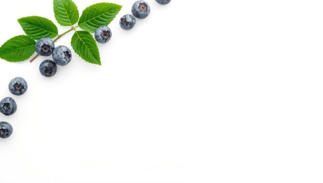 Fresh Blueberries and Green Leaves Arrangement Isolated on White, Clean Background