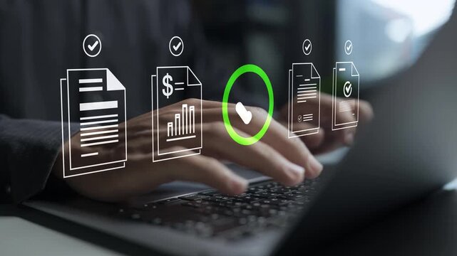 Business checklist and approval management concept. Person using laptop with verification and workflow icons, approval tracking, task coordination and corporate process management.