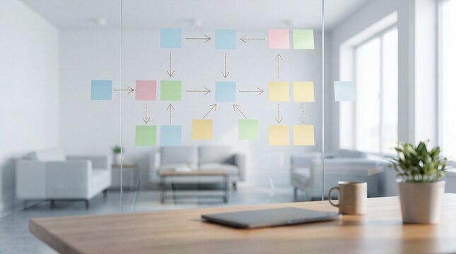 Sticky notes flowchart wall workflow planning diagram concept. Modern office with brainstorming notes and a laptop on the table.