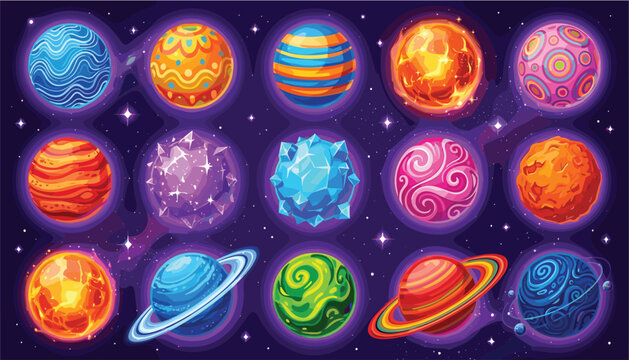 Colorful Fantasy Planet Collection with Cosmic Galaxy Space Orbs and Cartoon Universe Elements Vector Illustration Set.