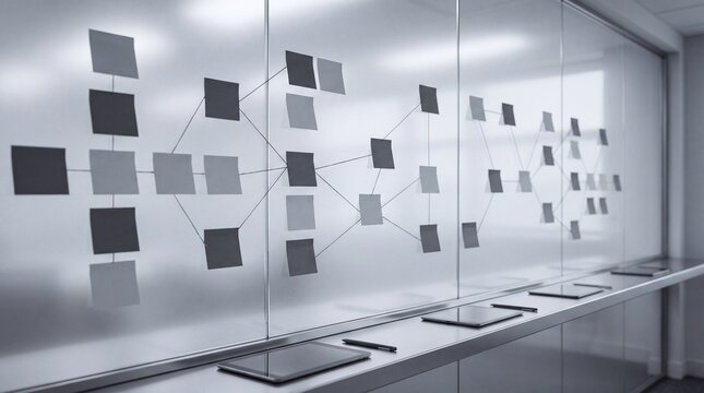 Sticky notes flowchart wall workflow planning diagram concept. Modern workspace showcasing creative collaboration through visual organization.
