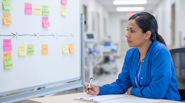 Professional woman analyzing brainstorming notes on a whiteboard in a modern workspace.
