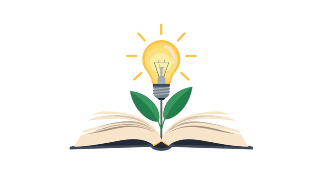 Vector illustration of a glowing incandescent light bulb growing out of the pages of an open hardcover book, symbolizing creative ideas, knowledge, and intellectual growth.