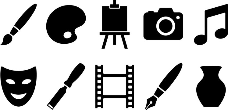 Various artistic tools and symbols arranged on a clean surface for creative projects vector file