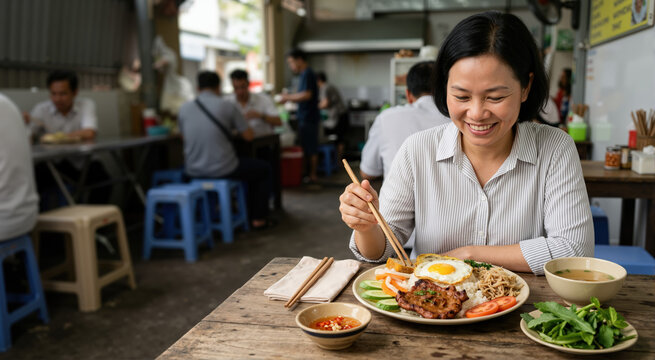 Vietnamese woman eating com tam rice dish in a local restaurant. Street food