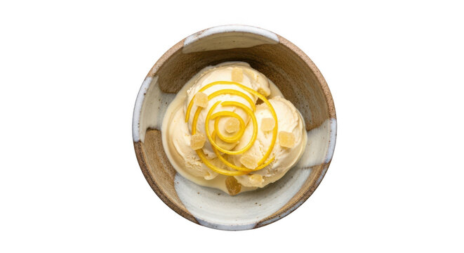 Top view of a bowl of ginger ice cream with candied ginger pieces and a lemon zest spiral isolated on transparent background