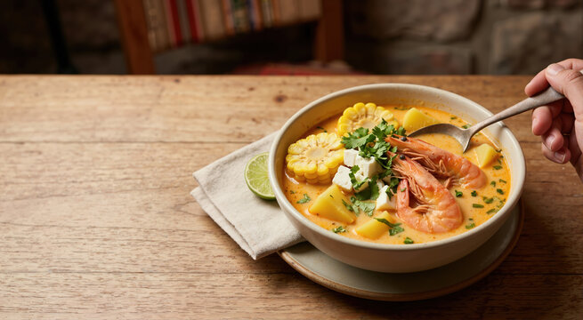 Eating chupe de camarones shrimp soup in a bowl. Traditional seafood dish with corn and cheese