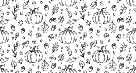 Fun Autumn Scribble Pattern with Pumpkins Leaves and Seasonal Doodle Background Vector © RUBINA