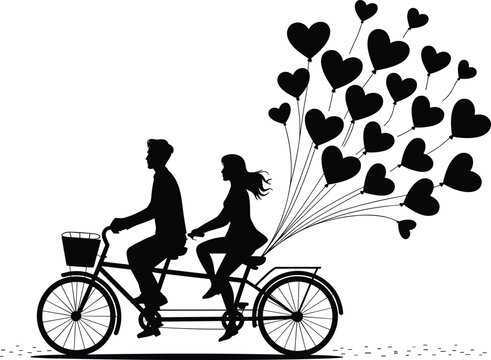 Pitch black solid silhouette of a romantic couple riding a tandem bicycle together with flying heart shape balloons behind