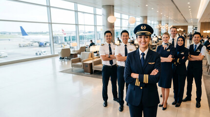 Fototapeta premium Diverse airline team standing in modern airport lounge with confident female pilot in front flight attendants co pilots and ground staff premium aviation environment professional airline crew portrait