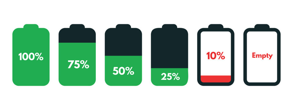 Battery charge level icon set full medium low empty indicator design