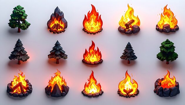 Pixel art collection of campfire icons and coniferous trees, glowing embers and vibrant flames on a neutral background, game assets and graphic elements