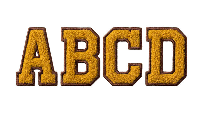 varsity letters abcd vintage mustard yellow chenille retro transparent background patch classic retro inspired team letter patches in warm mustard yellow chenille with dark trim isolated on clear