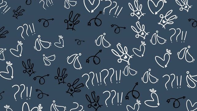 Dark blue background holds whimsical doodles. White outlines depict bunnies, hearts, and question marks. Playful sketches suggest curiosity, joy, or confusion