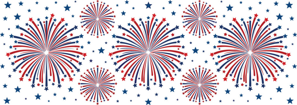 Red, White, and Blue Fireworks Burst Illustration with Star Elements for Celebration, Independence Day, Party, Festival, and Holiday Vector Design
