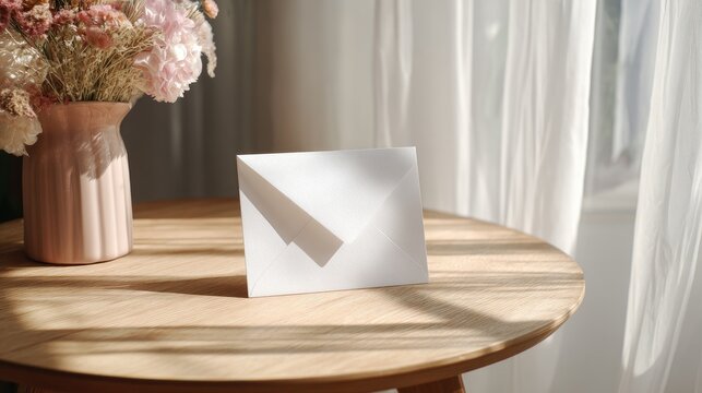 A blank white envelope rests on a wooden table next to a vase of flowers