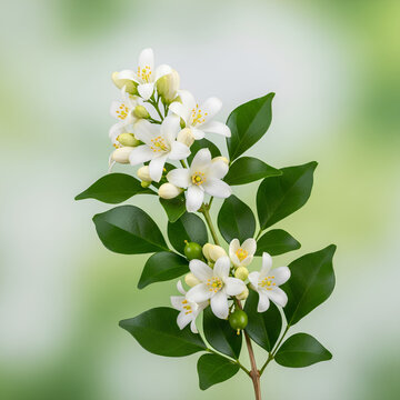 Closeup of a branch of Murraya paniculata flowers with green leaves.