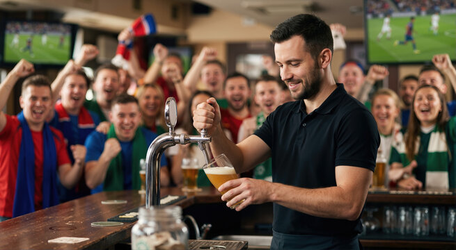 Sports bar bartender pouring beer for customers. Pub celebration with soccer fans watching a match