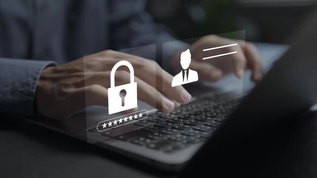 Employee confidentiality concept. Person using laptop with privacy and data protection icons, confidential information security, workplace privacy and corporate compliance.