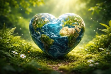 Plakat Concept for World Environment Day showing an Earth heart on a lush green blurred natural scenery