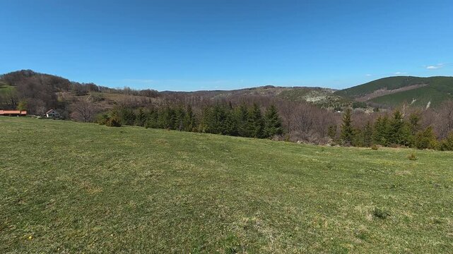 Vast green field stretches under clear blue sky. Mount Goc, Ljukten peak. Balkans, Serbia