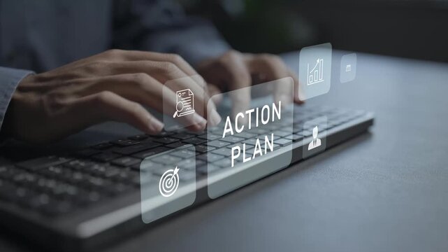 Digital action plan management concept. Person typing keyboard with planning and productivity icons, strategic organization, task coordination and business workflow.