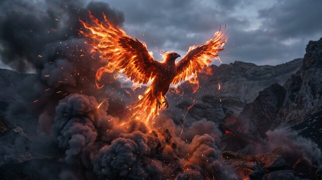 Majestic phoenix rising from the ashes with wings spread wide in a dramatic display of glowing fire and intense heat captured in this stunning artistic photograph