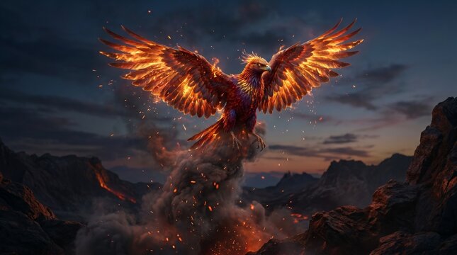 Majestic mythical phoenix bird with glowing wings of fire soaring high above a dark volcanic mountain range during a dramatic sunset in this detailed artistic photograph.